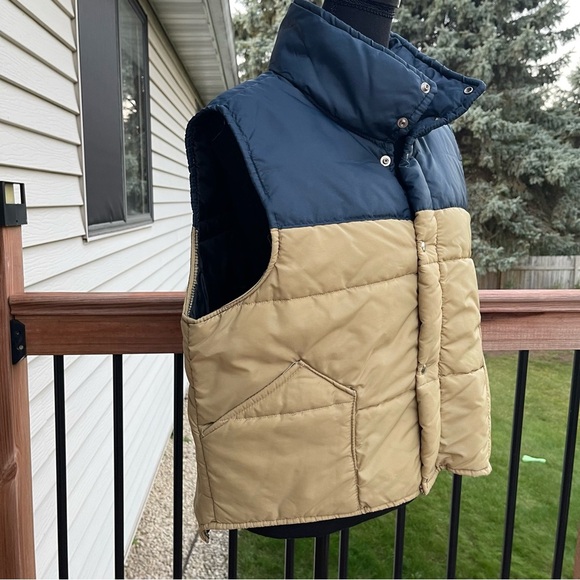 VTG 80s Puffer Vest Mens XL Blue Tan Two Tone Quilted Insulated Outdoors Snap - Picture 13 of 15